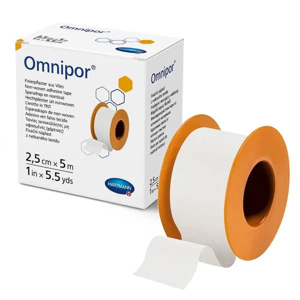 Пластырь Омнипор (Omnipor) фиксирующий из нетканого материала, с еврохолдером: 2,5 см х 5 м