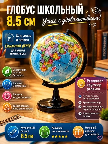 Глобус школьный 8.5 см, маленький настольный глобус Земли для детей и школьников / развивающее учебное пособие и декор на стол