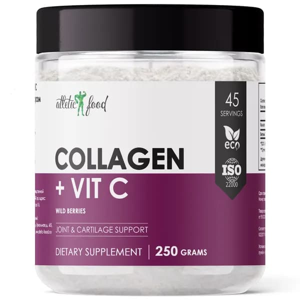 Коллаген говяжий + витамин С Atletic Food 100% Pure Collagen Peptides + Vitamin C - 250 грамм, лесные ягоды