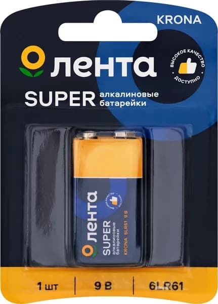 Элемент питания ЛЕНТА алкалин 6LR61 крона 1шт AL6LR611 (Китай)