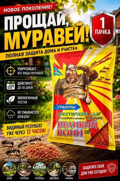 Гранулы от муравьев Великий Воин 1 пачка 50 г, приманка для сада, теплицы, дорожек, террасы и гаража