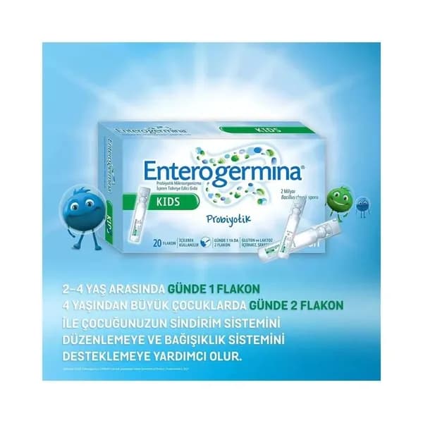 Enterogermina Kids, Энтерожермина 2 миллиард 5мл 20 Flakon, Готовая к употреблению бутылочка для детей, содержащая початки, палочки, споры clausii и чистую воду.
