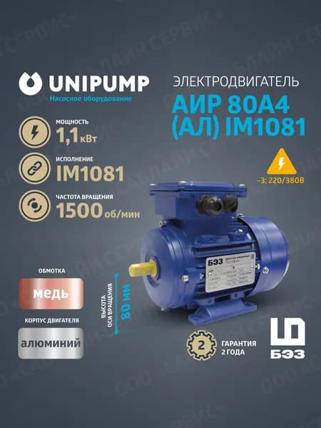 Электродвигатель АИР 80A4 (Алюминий) IM1081 (1,1 кВт/1500 об/мин), корпус алюминий. Товар уцененный