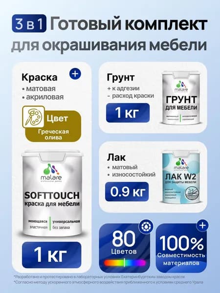 Комплект Malare SoftTouch для окрашивания мебели (1кг грунт + 1 кг краска + 0.9кг лак), акриловый, без запаха, быстросохнущий, матовый, цвет греческая олива