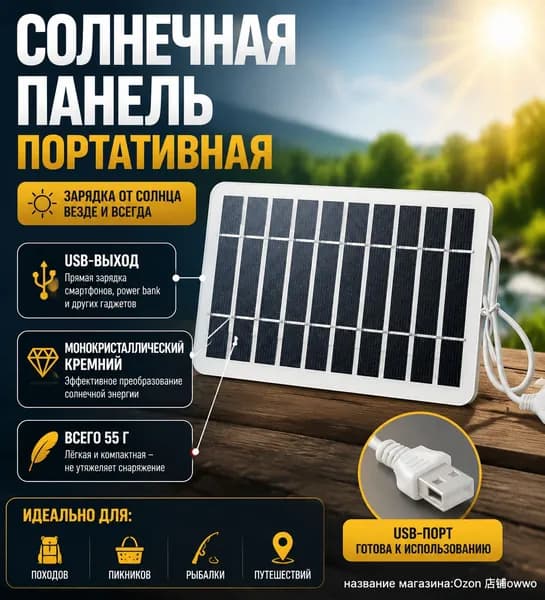 Солнечное зарядное устройство портативное для походов и путешествий, складная солнечная панель с USB-выходом для зарядки телефона