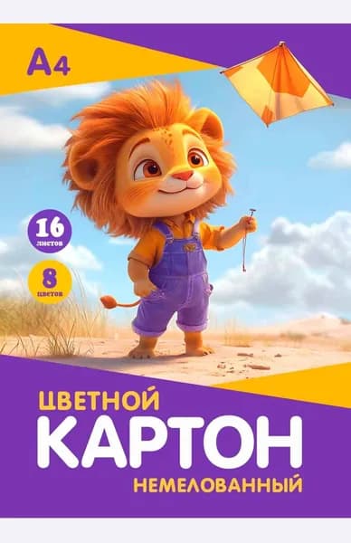 Картон цветной Львёнок, немелованный, А4, 8 цв, 16 л, 1 набор