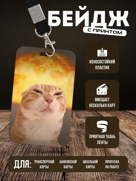 Бейдж чехол для пропуска на ленте "Мем кот"