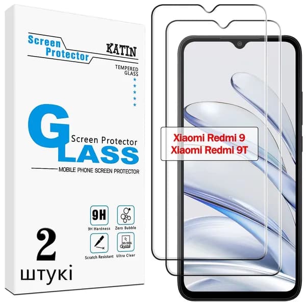 Комплект 2 шт: Защитное стекло KATIN для Xiaomi Redmi 9, 9T / Ксиаоми Редми 9, 9Т, усиленное, безрамочное, без пузырьков, противоударное