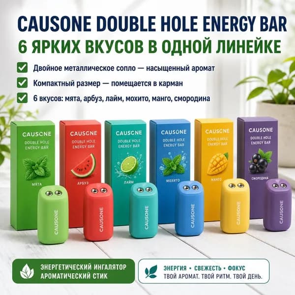 Causone Double Hole Energy Bar портативный энергетический стик металлический корпус до 300 вдохов 6 ярких вкусов