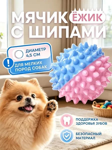 Игрушка для собак, мячик-ежик с шипами 4.5 см для мелких пород собак, мяч жевательный, розово-голубой