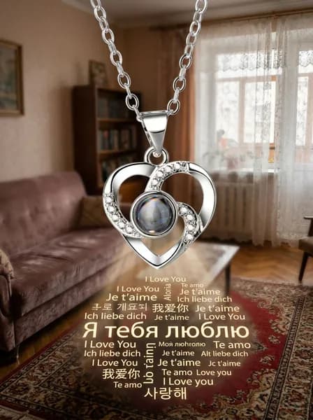Кулон-проектор с сердечком, надпись "Я тебя люблю" на 100 языках, цинковый сплав, серебристый, 41-50 см