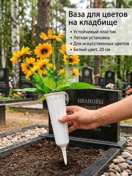 Цветочный горшок для кладбища, пластиковый, белый, 20 см
