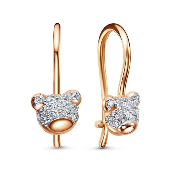 Серьги Мишка детские с фианитами из красного золота 375 пробы 585GOLD