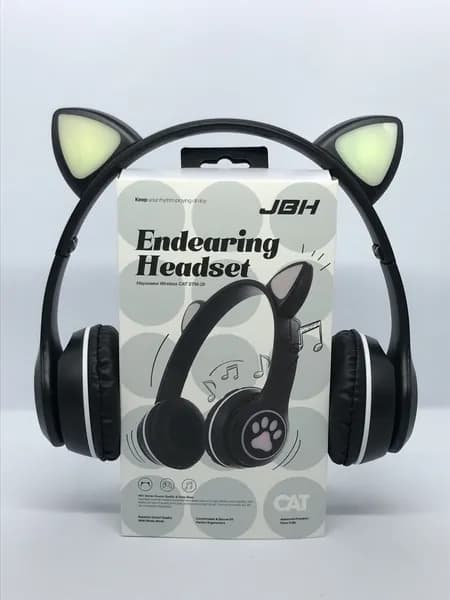 Наушники беспроводные с подсветкой и ушками, накладные, детские, Bluetooth, STM-28 CAT JBH, черные