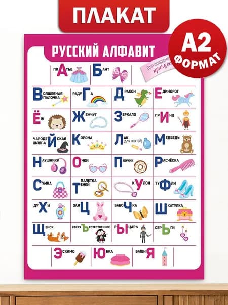 Обучающий плакат алфавит для малышей по русскому языку А2