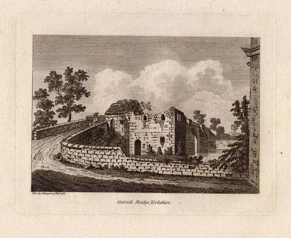 1787 год. Гравюра, пейзаж, античный мост Каттерик-Бридж в Йоркшире