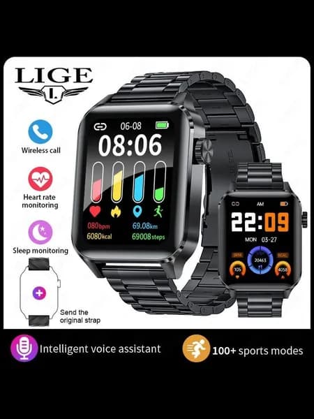 LIGE Смарт-часы V22 Watch 5 CNC Metal Bluetooth 5.3 с звонками VC30F пульс SpO2 210mAh 20 дней автономии 1.85 HD экран IP68, 43mm, Черный стальной ремень