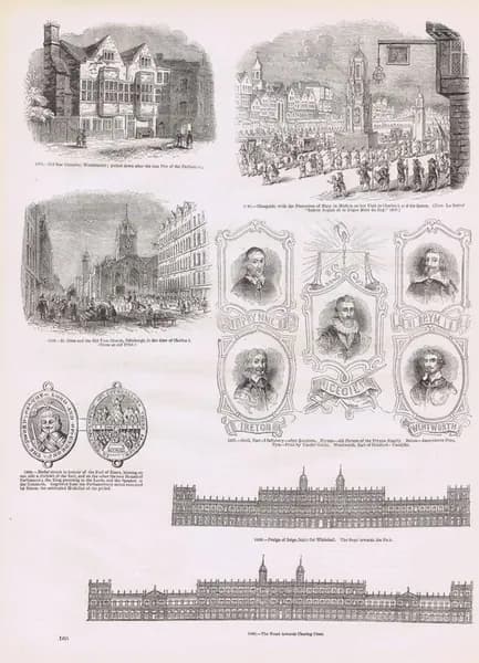 Старая Англия 260. Визит Марии Медичи к Карлу I, фасады Уайтхолла, Старая Звездная палата в Вестминстере, собор Святого Джайлса в Эдинбурге. Антикварная гравюра (ксилография). Англия, 1864 год