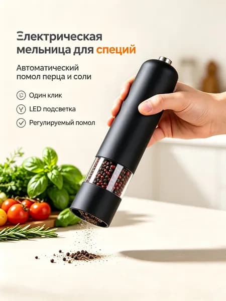 Автоматическая мельница для специй и перца, компактная с LED подсветкой, 3 режима помола для кухни