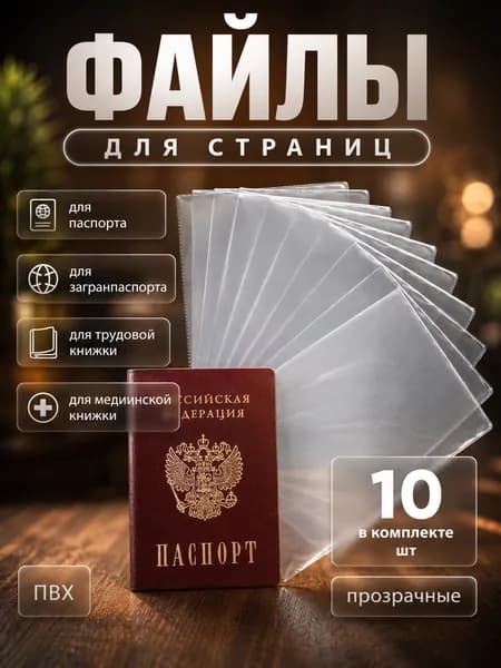 Вкладыши для листов паспорта, прозрачные, комплект 10 штук