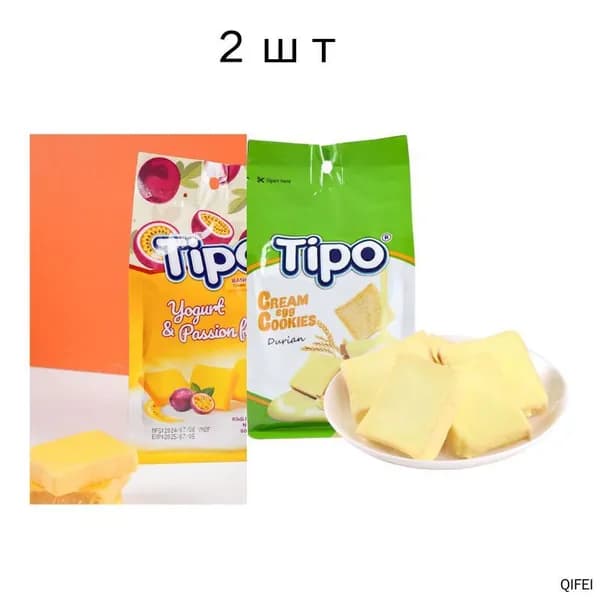 Хлебные ломтики Tipo со вкусом дуриана и маракуйи, по 1 упаковке каждого вида (всего около 18 шт), 180 г