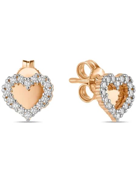 Серьги пусеты из красного золота сердечки с фианитами MIUZ Diamonds