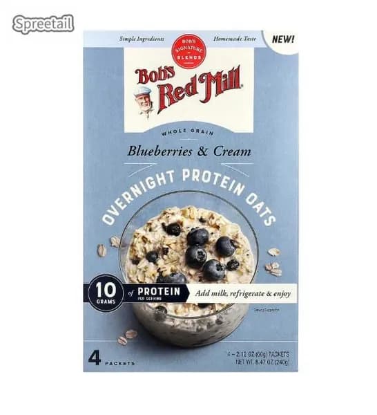 Bob's Red Mill, Овсяные хлопья с протеином на ночь, цельные зерна, со вкусом черники и сливок, 4 упаковки, по 2,12 унции (60 грамм) в упаковке