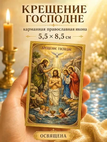 Карманная икона 5.5x8.5 см Крещение Господне (Богоявление) ламинированная освященная
