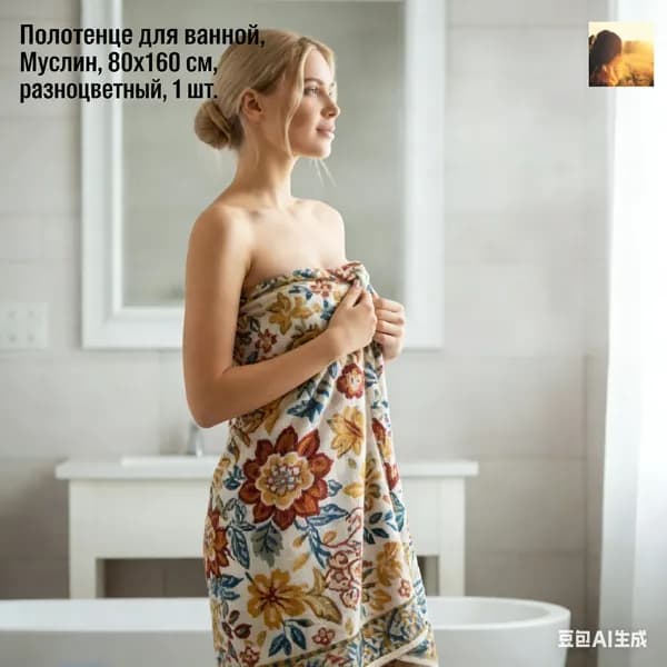 Полотенце для ванной, Муслин, 80x160 см, разноцветный, 1 шт.