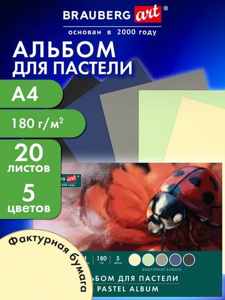Альбом для рисования, для пастели А4, 20 листов на склейке, 5 цветов, плотная бумага 180 г/м2, Brauberg Art