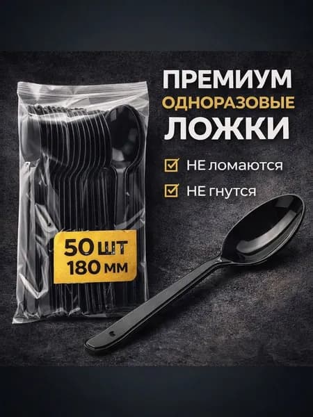 Ложки одноразовые пластиковые черные ПРЕМИУМ 180мм (50шт/уп)