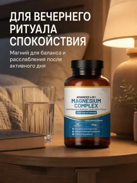 БАД Магний комплекс 4 в 1, 90 таблеток, 2000 мг на порцию, бисглицинат, цитрат, малат и таурат магния