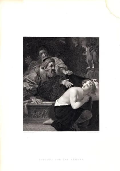 Сусанна и старцы (по картине Лодовико Карраччи). Антикварная гравюра (смешанная техника). Англия, 1839 год