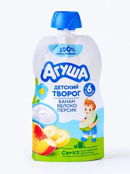 Творог детский фруктовый Банан-Яблоко-Персик 4% 80 г, Агуша, с 6 месяцев