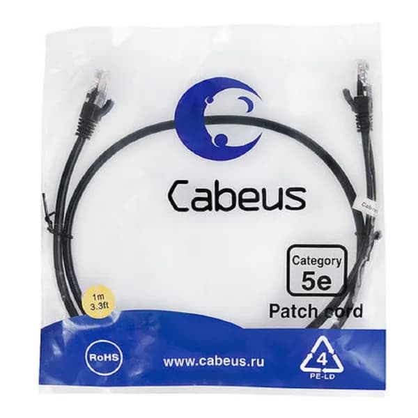 Cabeus Патч - корды сетевые, телефонные PC - UTP - RJ45 - Cat.5e - 1m - BK Патч - корд U UTP, категория 5е, 2xRJ45 8p8c, неэкранированный, черный, PVC, 1м