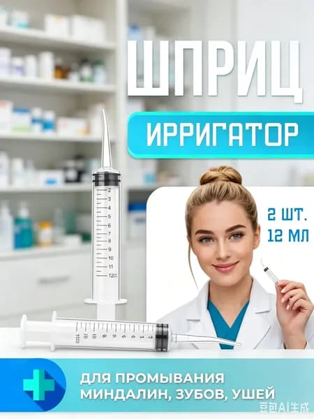 Шприц для промывания лакун миндалин и носоглотки, шприц-ирригатор, очищения ушей, горла 12 мл. со шкалой измерения, 2шт