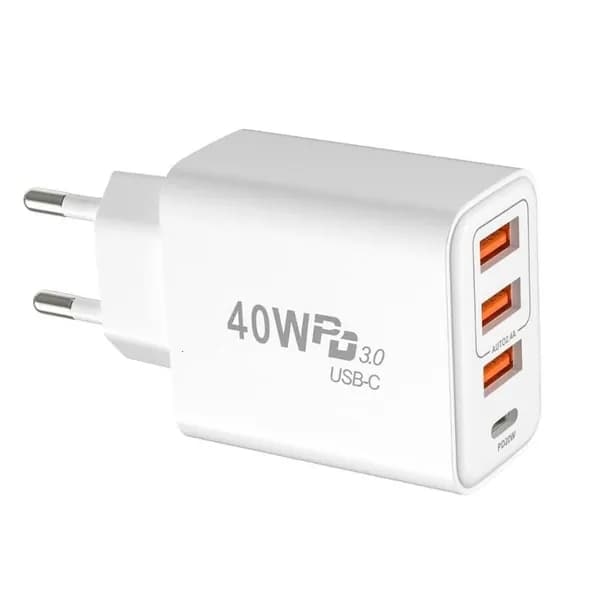 Порт USB 40W с 3 разъемами USB A и 1 для смартфонов и планшетов, Белый - вилка европейского стандарта