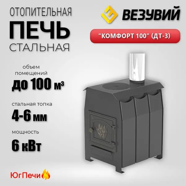 Отопительная печь Везувий "Комфорт 100" (ДТ-3) (До 100 м). Современная печь на дровах в конвекционном кожухе