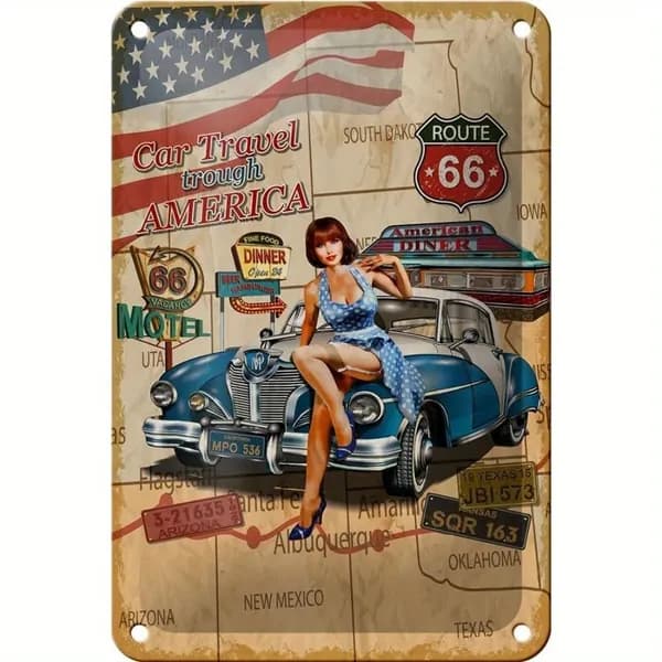 Табличка "Car Travel through America Route 66 (американская автодорога путешествие тематика)", металл (винтажный стиль), 20 30 см, декор для автопутешественников