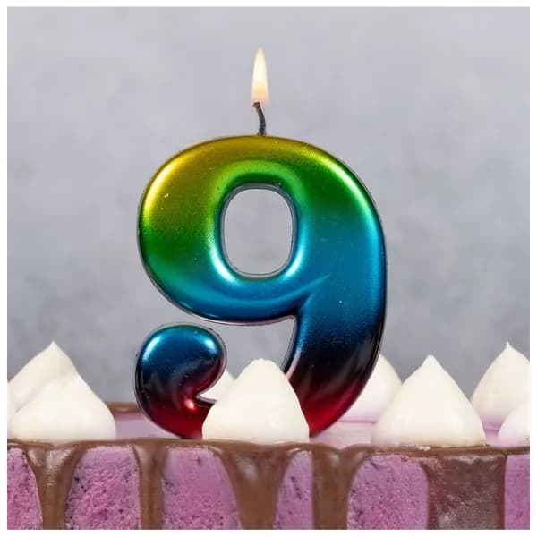 Свеча -цифра "9" Радуга металлик 8см