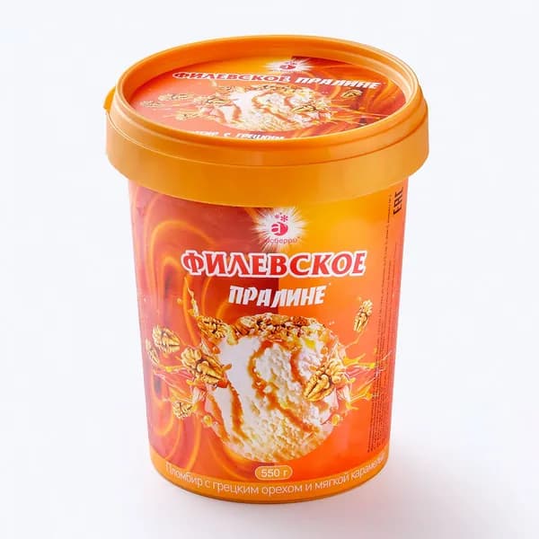 Пломбир Пралине с грецким орехом и мягкой карамелью 550 г, Филевское
