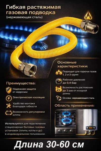 Подводка для газа растяжимая 3/4'' г/ш (30 см - 60 см) FlexiGas