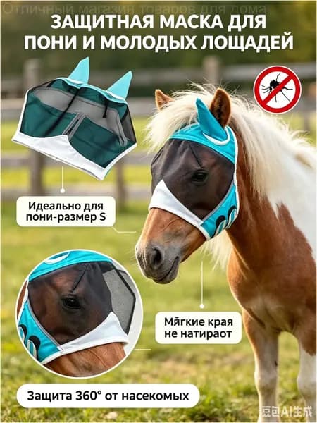 Маска для пони от мух, антимоскитная сетка на голову лошади-размер S, защитная амуниция для ушей/глаз, износостойкая ткань, голубая.