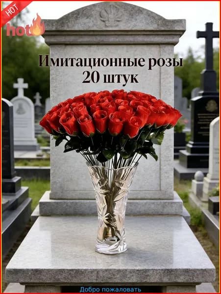новая модельИскусственные красные розы для кладбища, набор 20 шт, пластик/текстиль, устойчивые к погодным условиям, по уходу за могилами