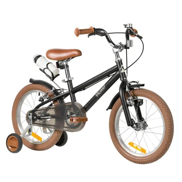 Велосипед NOVATRACK 14" VALIANT, сталь, чёрный, полная защита цепи, ручной передний и задний тормоз, крылья, флягодержатель, фляга для воды