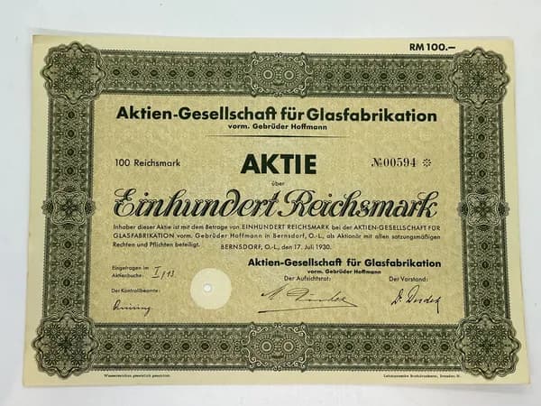 Акция Германия. Производства стекла Gebr.Hoffmann AG, 100 Рейхсмарок 1930 №64