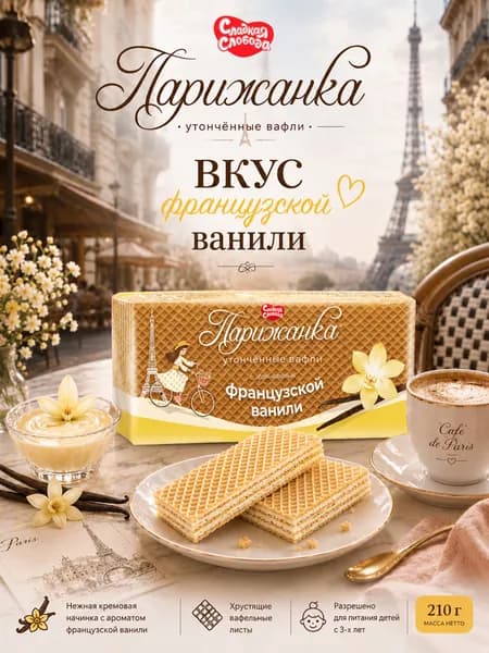 Вафли " ПАРИЖАНКА " с ароматом французской ванили 210 гр / разрешено для питания детей с 3х лет / Сладкая слобода