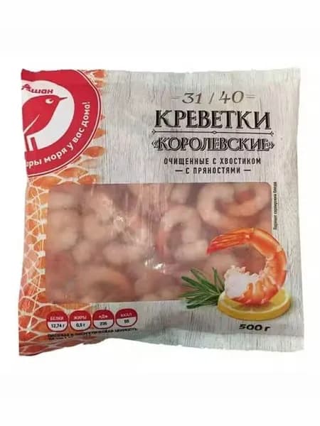 Креветки АШАН Красная птица Королевские очищенные с хвостиком 31/40 вареные замороженные 500 г