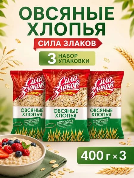 Хлопья овсяные Сила злаков, 3 упаковки по 400 г.