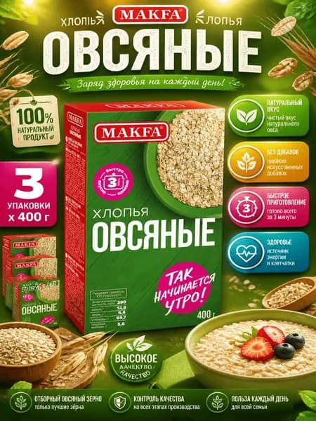 Хлопья овсяные Makfa 400г x 3 шт